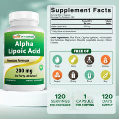 Close-up of Best Naturals Alpha Lipoic Acid bottle label highlighting purity.