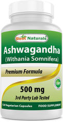 Best Naturals Ashwagandha capsules bottle front view highlighting 500 mg daily calm support