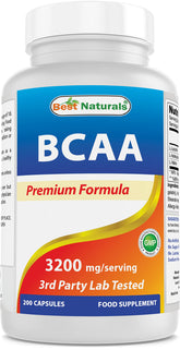 Best Naturals BCAA botella frontal, apoyo a la recuperación muscular.