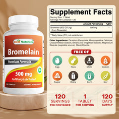 Best Naturals Bromelain 500mg bottle side label notes gluten-free, non-GMO formulation.