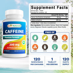 Best Naturals Caffeine Pills 200mg bottle back with dosage info