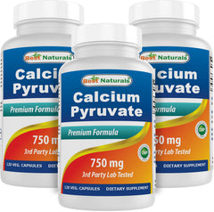 Best Naturals Calcium Pyruvate 750 mg bottle close-up, highlighting potency for daily supplementation.
