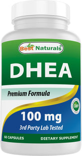 Best Naturals DHEA 100mg capsules on white background for daily wellness support.