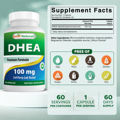 Best Naturals DHEA capsules arranged in bottle for easy daily use.