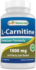 Best Naturals L-Carnitine 1000mg tablet front view, compact bottle for on-the-go use.