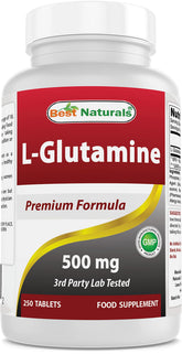 Best Naturals L-Glutamina: envase de 250 tabletas para uso diario.