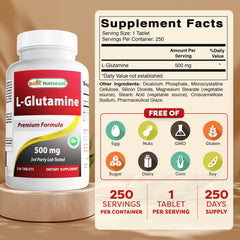 Best Naturals L-Glutamina: etiqueta clara para dosis y composición.