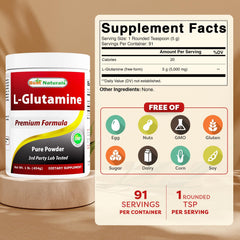 Best Naturals L-Glutamine powder bottle label in 1 lb size for convenient daily use