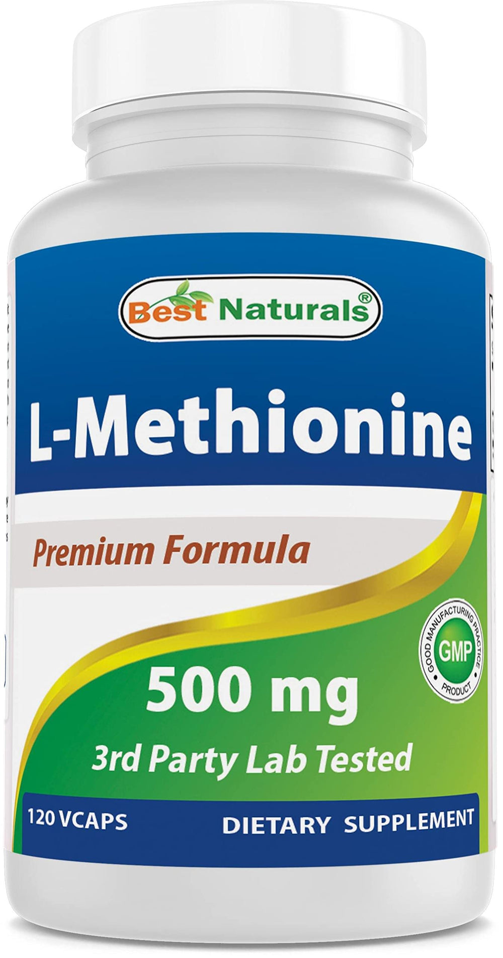 Best Naturals L-Methionine 500 mg bottle, for daily supplementation.
