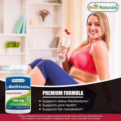 Best Naturals L-Methionine 500 mg packaging, USA-made assurance.