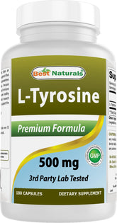 Best Naturals L-Tyrosine 500 mg bottle close-up emphasizing purity for daily focus.