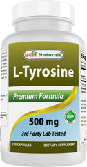 Best Naturals L-Tyrosine 500 mg bottle close-up emphasizing purity for daily focus.