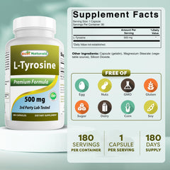 Best Naturals L-Tyrosine capsules image showing 500 mg per serving for steady energy.