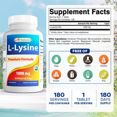 Best Naturals L-Lysine bottle pouring tablets into a glass for daily use.