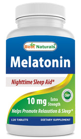 Best Naturals Melatonin 10mg bottle promotes a calm pre-sleep routine on the nightstand.