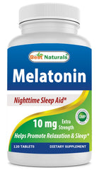 Best Naturals Melatonin 10mg bottle promotes a calm pre-sleep routine on the nightstand.