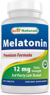 Best Naturals Melatonina 12 mg, botella con 365 comprimidos para descanso nocturno