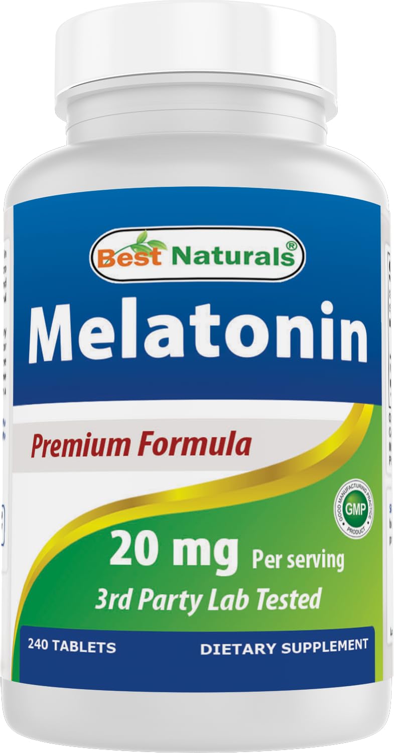 Botella de Best Naturals Melatonina 20 mg para apoyar el sueño de forma natural.