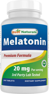 Botella de Best Naturals Melatonina 20 mg para apoyar el sueño de forma natural.