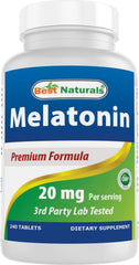Botella de Best Naturals Melatonina 20 mg para apoyar el sueño de forma natural.