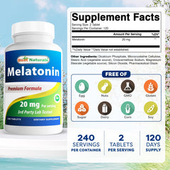 Etiqueta de Best Naturals Melatonina 20 mg con información de pureza y calidad.