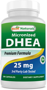 Best Naturals DHEA bottle close-up highlighting micronized capsules for easy absorption