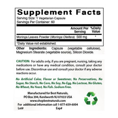 Best Naturals Moringa capsules closeup shows plant-based nutrition and purity.