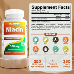 Best Naturals Niacina 500 mg, etiqueta frontal legible para dosis.