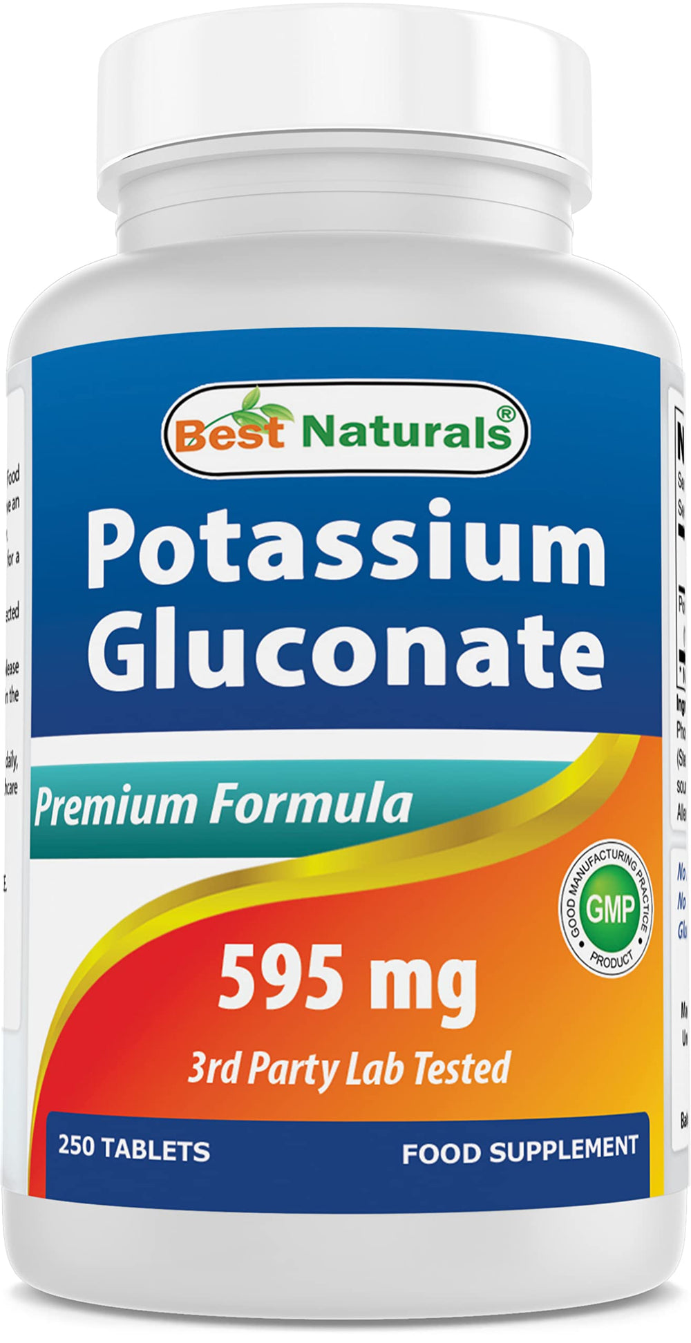 Best Naturals potassium gluconate tablet bottle shows purity for daily mineral intake.