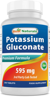 Best Naturals potassium gluconate tablet bottle shows purity for daily mineral intake.