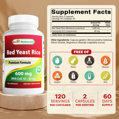 Close-up of Best Naturals Red Yeast Rice with CoQ10 capsules for easy supplementation.
