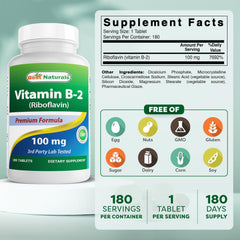 Best Naturals Riboflavin bottle side reveals 180-tablet supply for long-term use