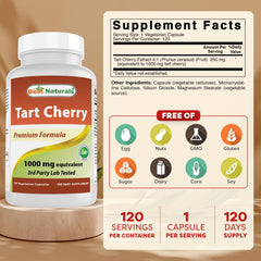 Best Naturals Tart Cherry Extract label close-up highlighting non-GMO quality.