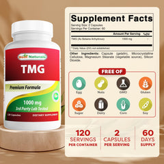 Best Naturals TMG bottle open with capsules ready to take