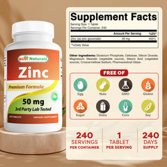 Best Naturals zinc gluconate bottle back view highlighting purity and certifications.