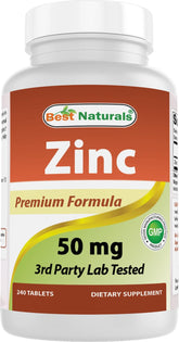 Best Naturals zinc gluconate bottle front view with 50 mg tablet for daily support.
