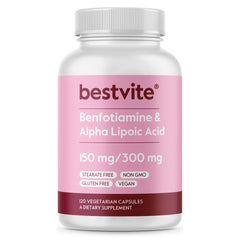 BestVITE benfotiamine bottle close-up for daily support with ALA