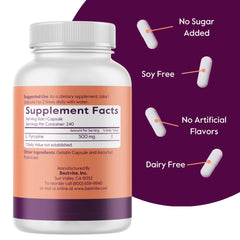 BESTVITE L-Tyrosine 500mg capsules closeup label highlighting 500mg per capsule