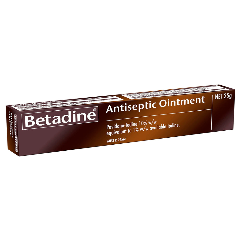 Betadine Ointment 25g packaging displayed for convenient first aid.
