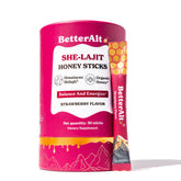 BetterAlt SHE-Lajit Strawberry Honeysticks packaging shows convenient, travel-ready wellness.