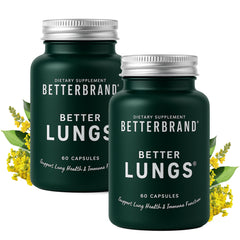 Betterbrand BetterLungs bottle close-up highlighting NAC and mullein for daily respiratory support.