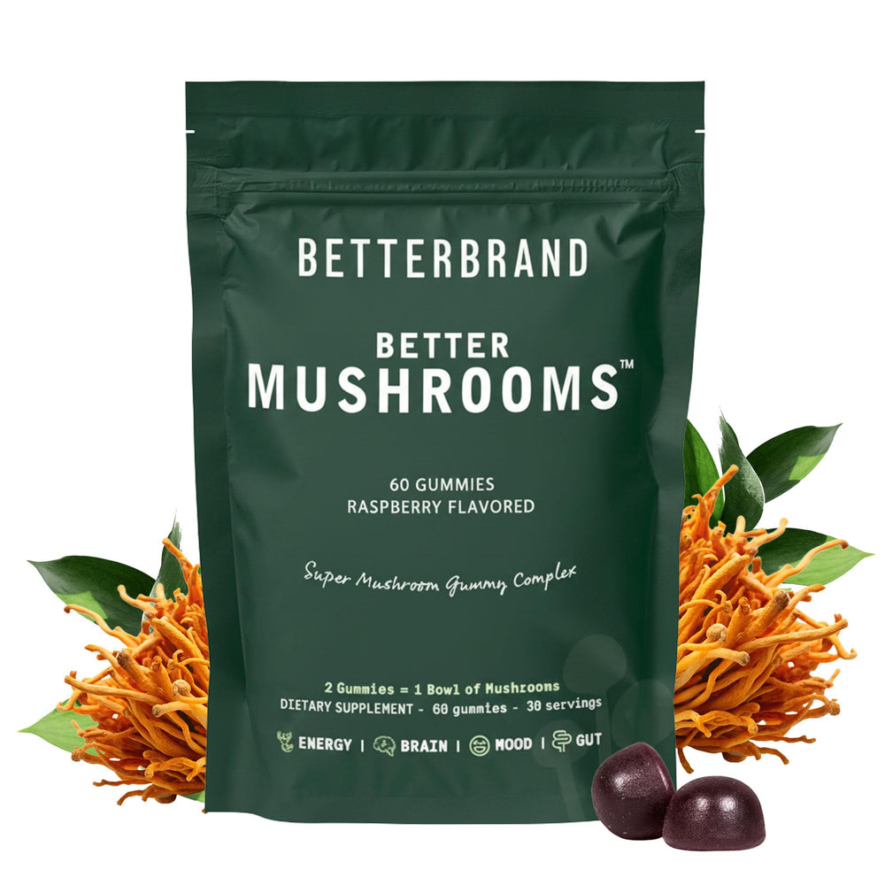 Betterbrand BetterMushrooms bottle with raspberry gummies for daily wellness.