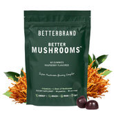 Betterbrand BetterMushrooms bottle with raspberry gummies for daily wellness.