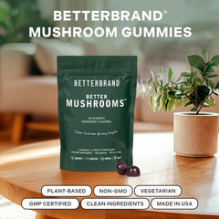 Betterbrand BetterMushrooms close-up shows juicy raspberry gummies.