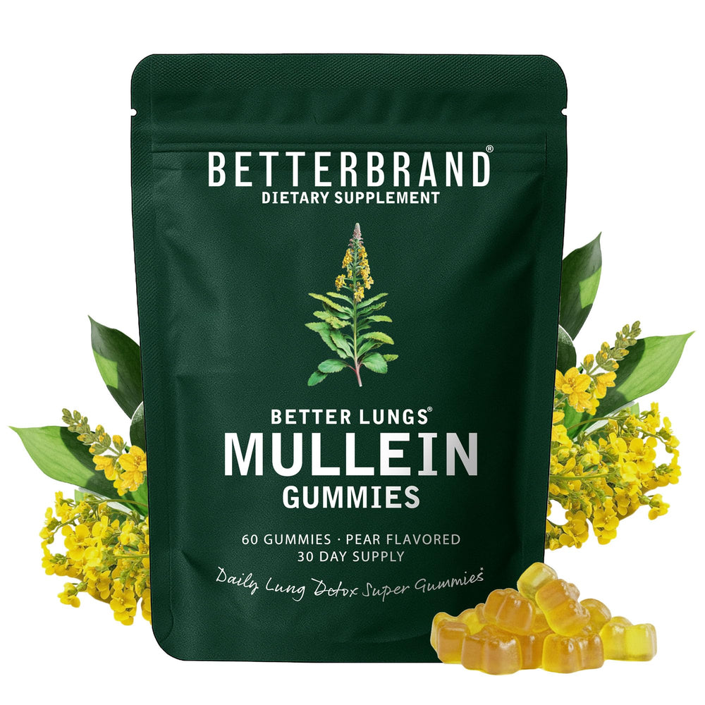 Betterbrand Mullein Chewables bottle label highlighting pear flavor for daily respiratory support