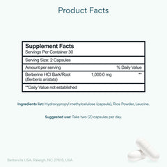 Bettervits Berberine HCL label close-up highlights 500mg per serving for easy dosing.
