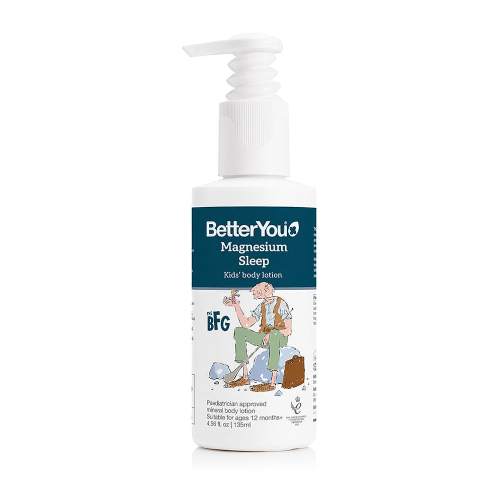 BetterYou Magnesium Sleep Lotion bottle shown for kids, supporting a calming bedtime routine.