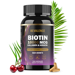 Bevalence Biotin hair-growth bottle promotes daily hair-strength and vitality.