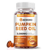 BEWORD pumpkin-seed oil and saw palmetto softgels bottle for daily hair and urinary support.