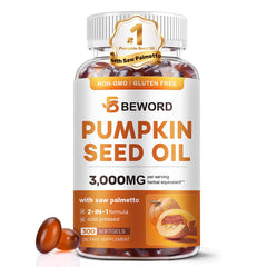 BEWORD Pumpkin Seed Oil softgels bottle front, daily support for hair and urinary health.